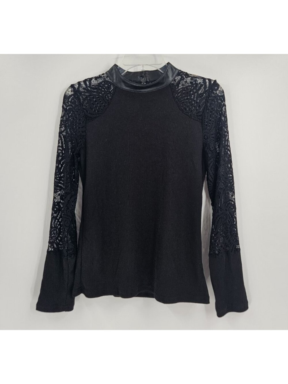 FINEJO Black Ribbed Knit Lace Sleeve Mock Neck Top Faux Leather Trim L